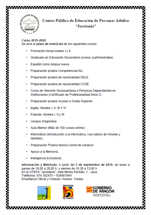 Centro de Educación de Adultos Jacetania. Matrícula Curso 2019-20