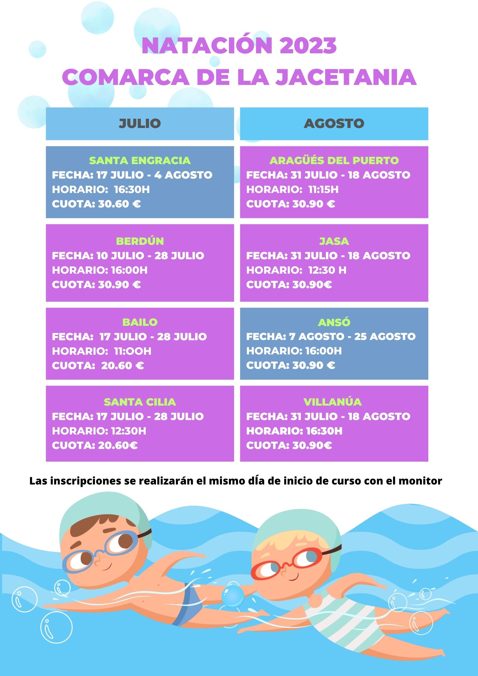 La Comarca de la Jacetania organiza cursillos de natación en 8 localidades
